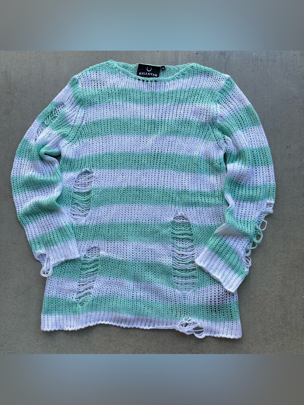 Killstar Women’s Green/White Striped Distressed Open-Knit Crewneck Sweater S